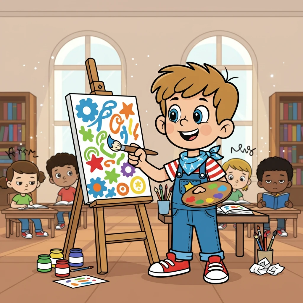 À l'école, Christian avait du mal à rester concentré en classe. Les mots dansaient devant ses yeux, et les idées fusaient dans sa tête. Mais en cours d'art, il s'épanouissait, donnant vie à ses idées avec des couleurs vives et des formes originales.