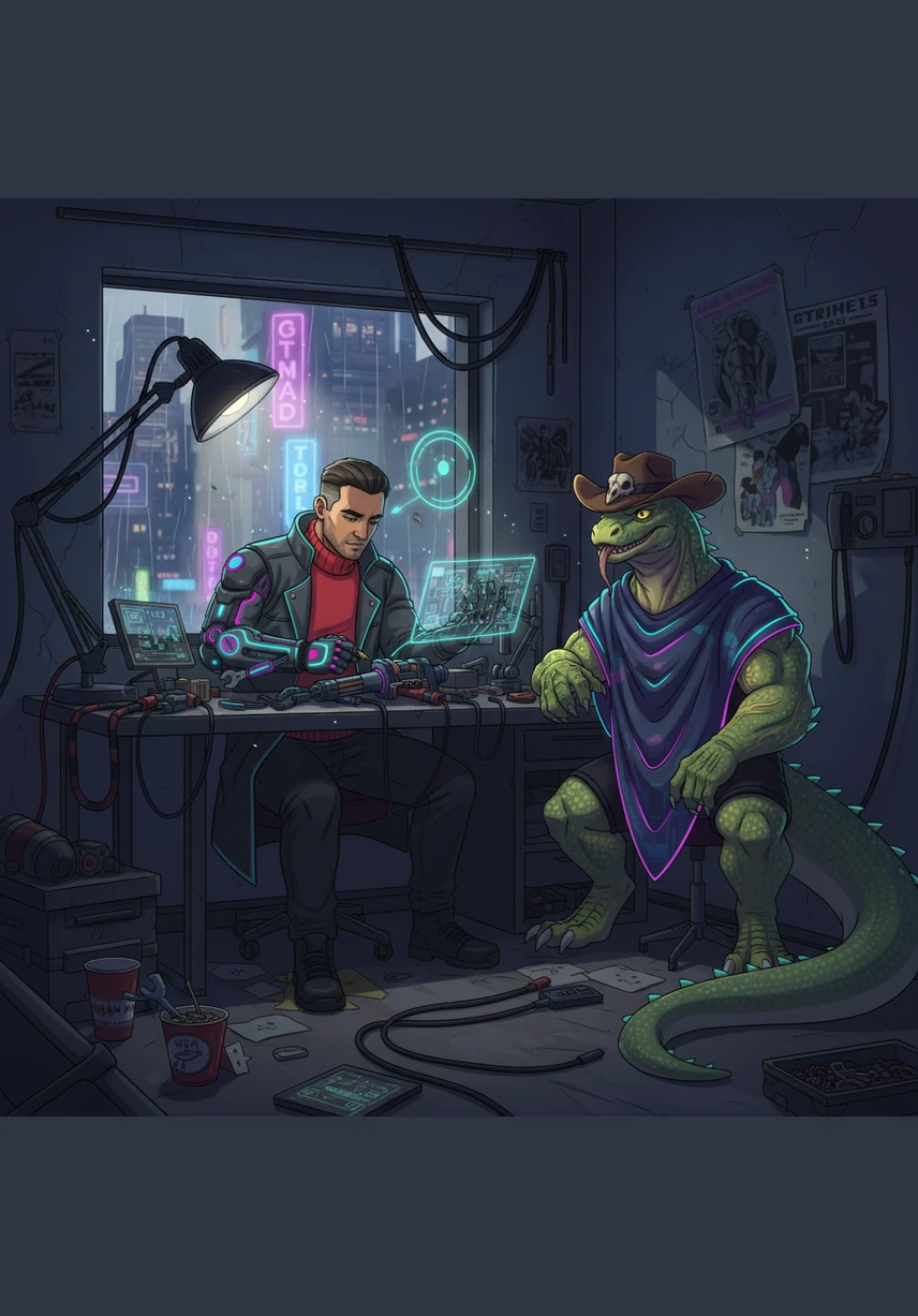 Victor sat in the dim light of his cluttered apartment, the rhythmic sound of a whetstone against steel filling the room as he cleaned his weapons. His cybernetic arm whirred softly, its brass gears and integrated tools catching the orange glow of a flickering furnace.