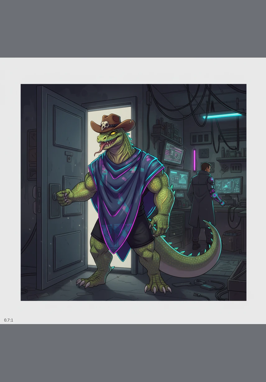 The heavy steel door slammed open as Ryuk sauntered in, his green and yellow scales shimmering under a tattered poncho and a bird-skull cowboy hat. He flashed a wide, predatory grin full of sharp fangs, his long tongue flickering as his yellow eyes scanned the room with mischievous intent.