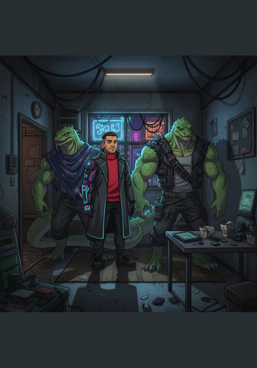 Ryuk was not alone; he had brought a group of old allies, three massive beast-men who smelled of wet fur and the deep sea. A towering wolf-man, a horned lizard with jagged scales, and a hulking shark-man squeezed into the small apartment, their presence making the walls feel narrow.