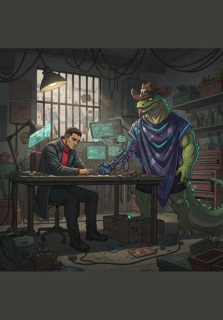 The beast-men loomed over Victor, their shadows stretching across the workbench where his mechanical parts lay scattered. They looked at the human with a mixture of confusion and predatory curiosity, wondering why a warrior like Ryuk would ever partner with a creature of flesh and bone.