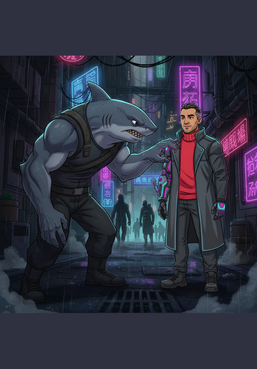 The shark-man leaned in close, his gills twitching as he reached out a thick, grey finger to poke at Victor’s cybernetic shoulder. He growled a question in a deep, guttural tone, asking what use a human could possibly be in the violent world of the Underworld.