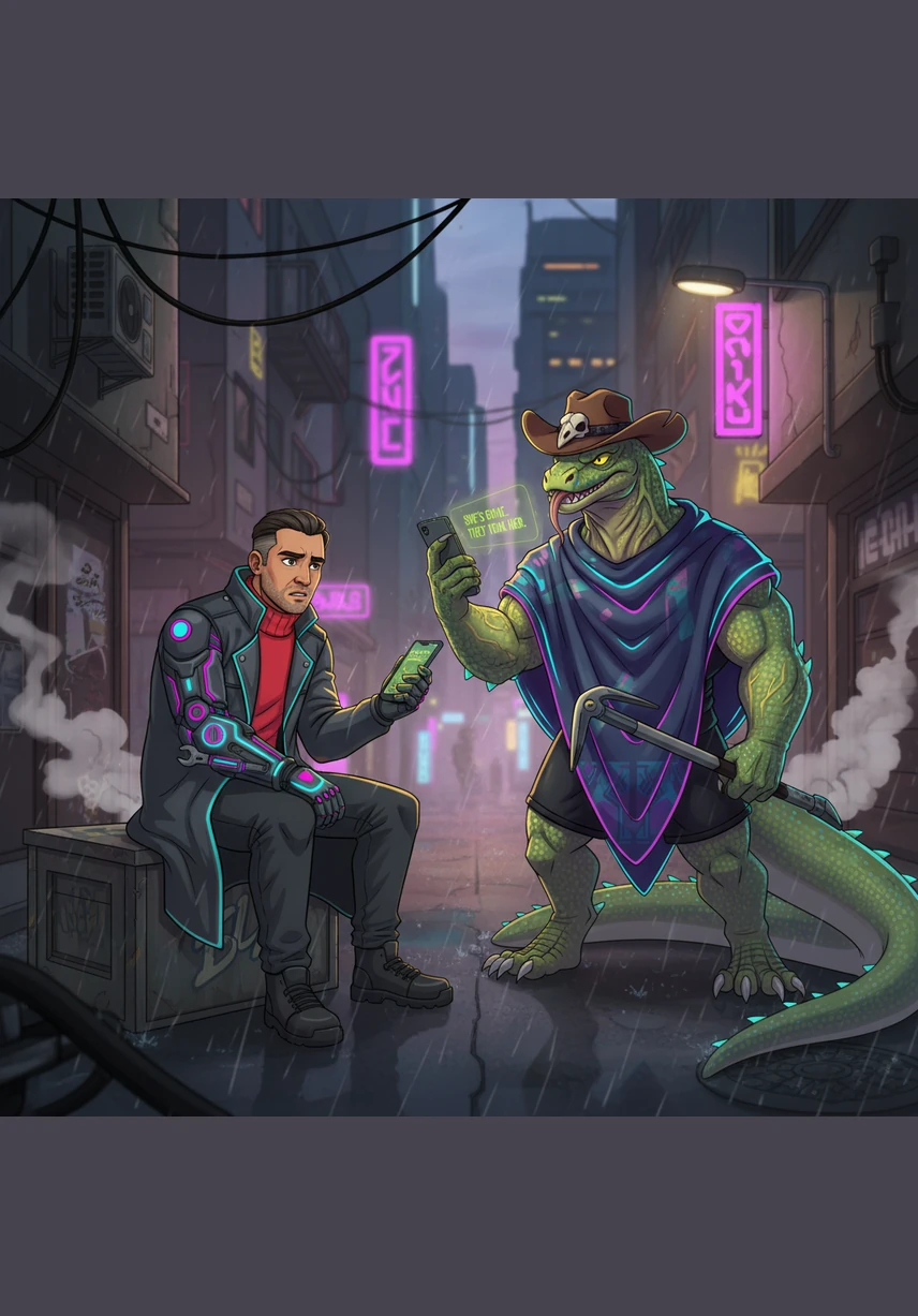 The wolf-man sniffed the air around Victor, his nose twitching near the man's neck as he studied the scent of oil and gunpowder. Meanwhile, the horned lizard-man circled the chair, his claws clicking against the floorboards as he inspected the intricate wires and hacking modules in Victor's artificial arm.