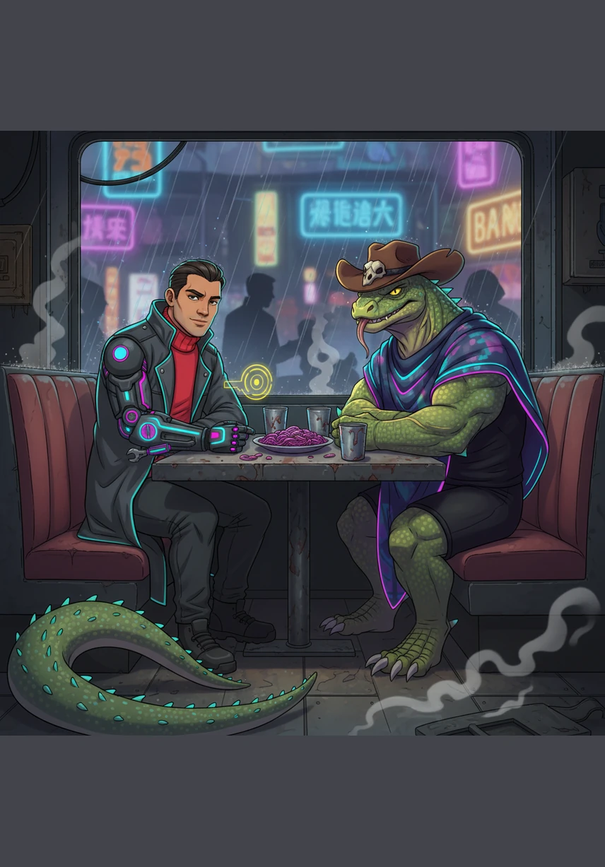 Victor remained perfectly calm, his dark eyes steady as he set down his cleaning cloth and looked the beast-men in the face. He didn't reach for his gun, but his cybernetic hand shifted slightly, activating a small blue hologram that displayed a tactical map of the city above.