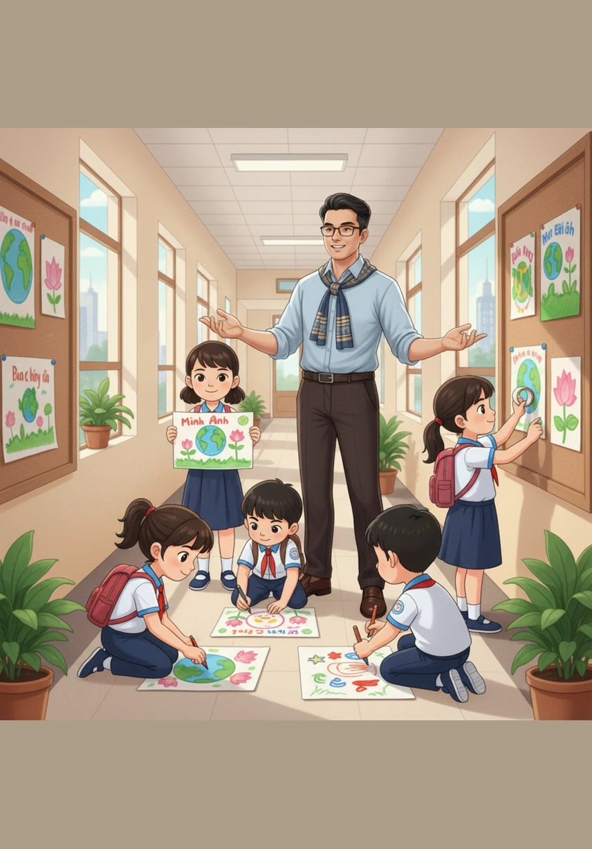 Trong khi đó, nhóm Minh Anh đang say sưa vẽ những bức tranh tuyên truyền đầy màu sắc với thông điệp bảo vệ Trái Đất. Những nét vẽ ngây ngô nhưng chứa đựng ước mơ về một thế giới không rác thải, được các bạn treo trang trọng khắp hành lang trường học.