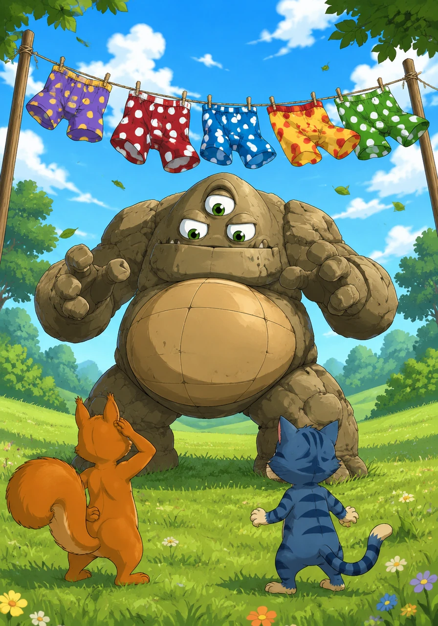 Barnaby the Golem was a towering monster with three eyes and a belly that rumbled like a freight train, but he wasn't looking for villagers to eat. He stood in the middle of a sunny meadow, staring intensely at a clothesline full of bright, polka-dotted boxers flapping in the wind like delicious butterflies.