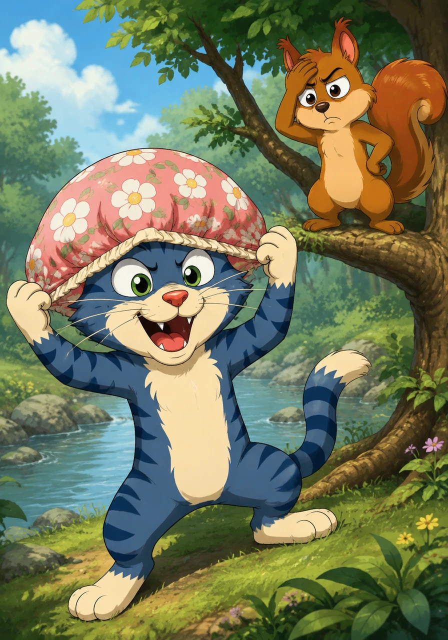 With a loud slurp, Barnaby snatched a pair of giant floral bloomers and stretched them over his head like a swimming cap. His best friend, a skeptical squirrel named Squeaky, watched from a nearby branch while holding his forehead in utter disbelief at the monster's fashion sense.