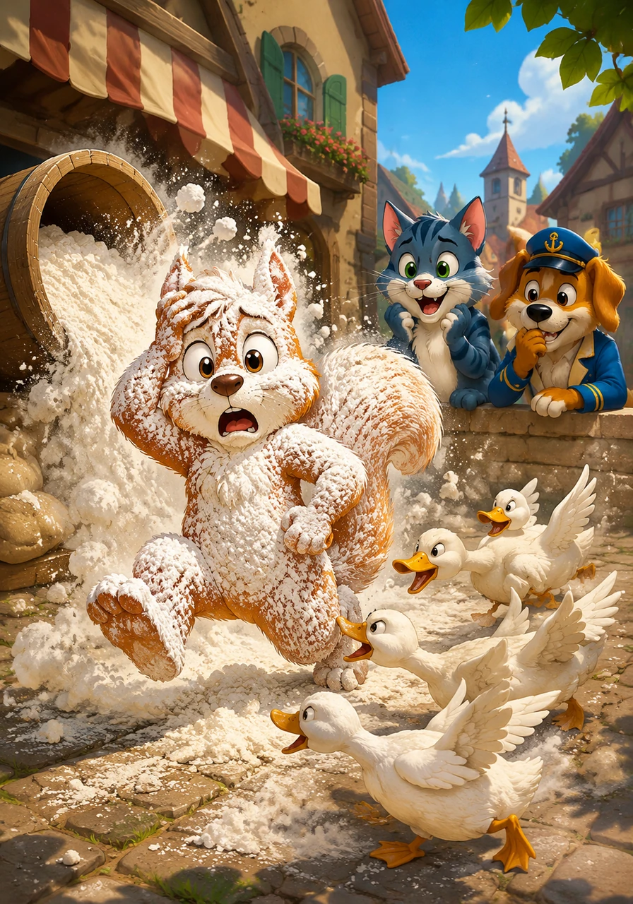 The duo headed into the village of Tidytown, where Barnaby accidentally sat on a bakery's outdoor flour bin, sending a massive white cloud into the air. When the dust settled, Barnaby looked like a giant powdered donut, and a group of local ducks began chasing him to peck at his sugary knees.