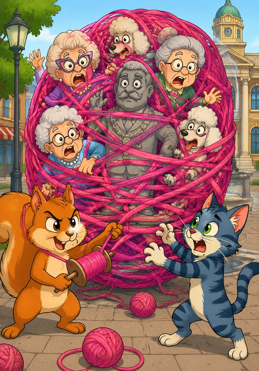 Barnaby found himself in the town square where a prestigious knitting circle was meeting, and he decided to help by 'winding' the yarn. Within seconds, he had tangled three grandmothers, two poodles, and a statue of the Mayor into a giant, neon-pink woolly cocoon.