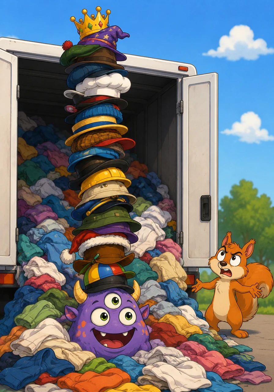 Squeaky the squirrel tried to lead Barnaby away, but the monster spotted a laundry truck with its back doors open. Barnaby dove headfirst into the pile of clean clothes, emerging moments later wearing twenty-seven different hats stacked precariously on his three-eyed head.
