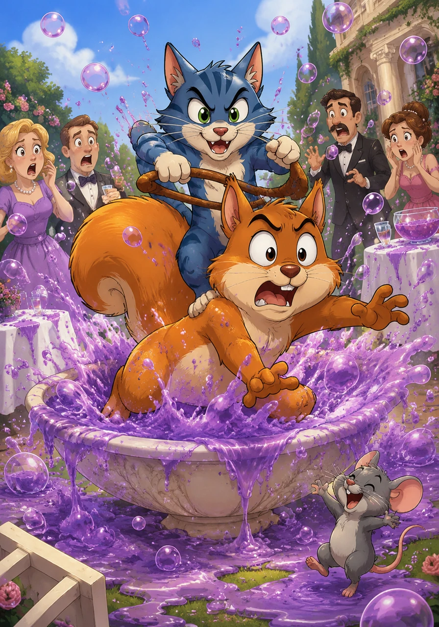 A local cat named Captain Whiskers decided to join the chaos, leaping onto Barnaby’s back to steer him like a ship. Together, they accidentally crashed a fancy garden party, where Barnaby mistook a bowl of punch for a foot bath and turned the entire lawn into a sticky, purple bubble party.