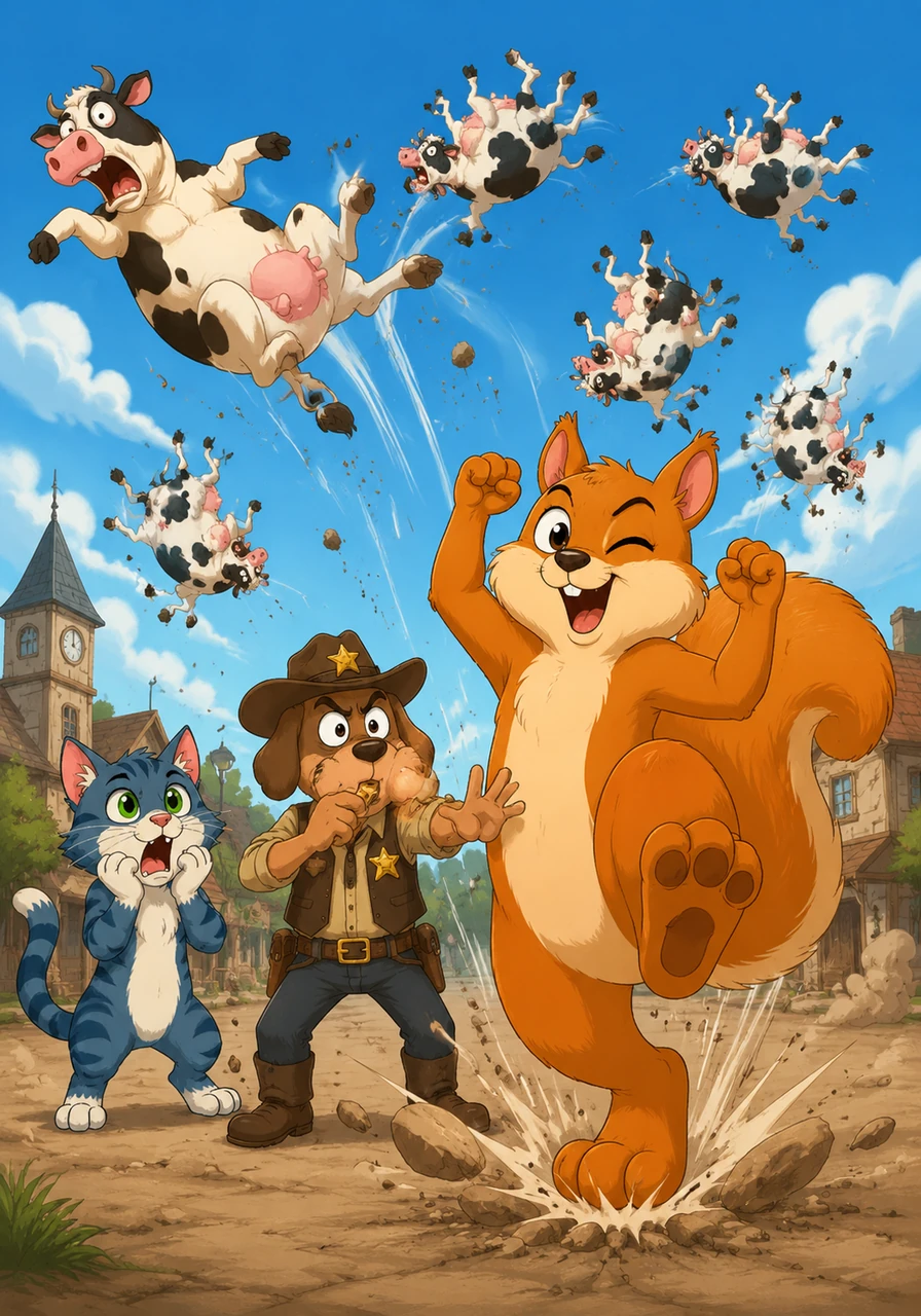 The town sheriff tried to blow his whistle, but Barnaby thought it was a musical invitation and began a clumsy victory dance. Every time his giant feet hit the ground, the nearby cows bounced into the air, looking like confused, flying marshmallows against the blue sky.