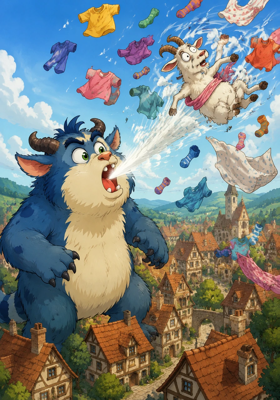 Realizing the town was running out of clean laundry, Barnaby felt a bit bad and decided to use his giant monster breath to blow-dry all the wet clothes at once. He exhaled a massive gust of warm air that sent shirts, socks, and one very surprised goat soaring over the rooftops like a parade of colorful kites.