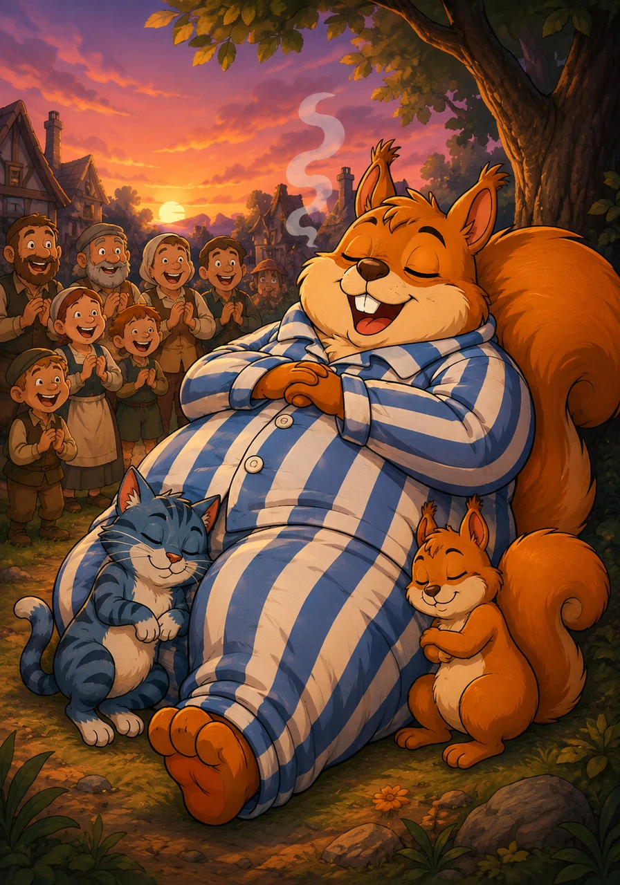 As the sun set, the villagers realized Barnaby was too funny to be scary and gave him his very own honorary giant-sized pair of striped pajamas. Barnaby curled up at the edge of town with Squeaky and Captain Whiskers, snoring so loudly that the trees shook, finally happy and very well-dressed.