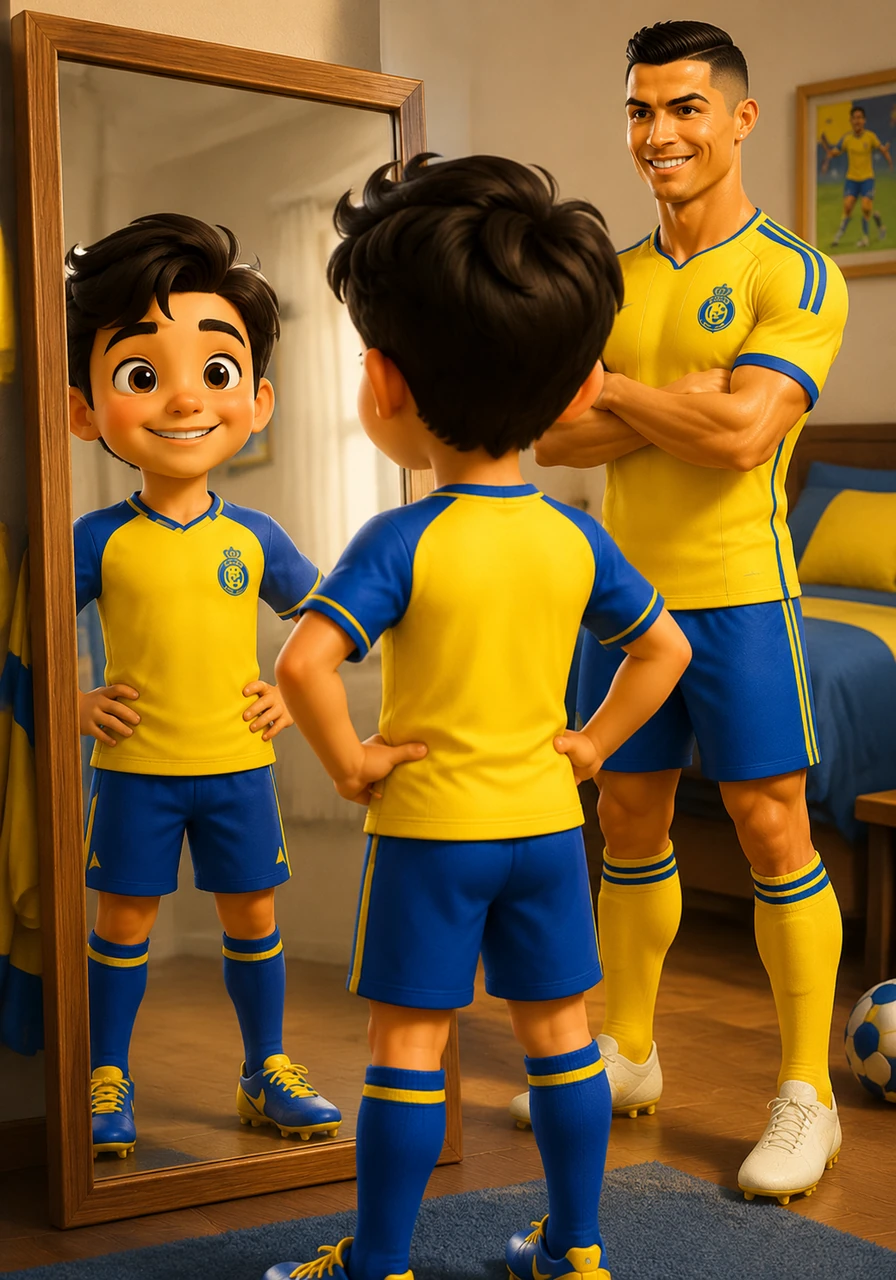 ارتدى ريان قميص نادي النصر الأصفر والأزرق بكل فخر واعتزاز، ووقف أمام المرآة بابتسامة واثقة تعكس إصراره. قال لنفسه بصوت مليء بالأمل إنه سيظهر للجميع اليوم قوة حلمه وما يمكن أن يحققه بالعمل الجاد.