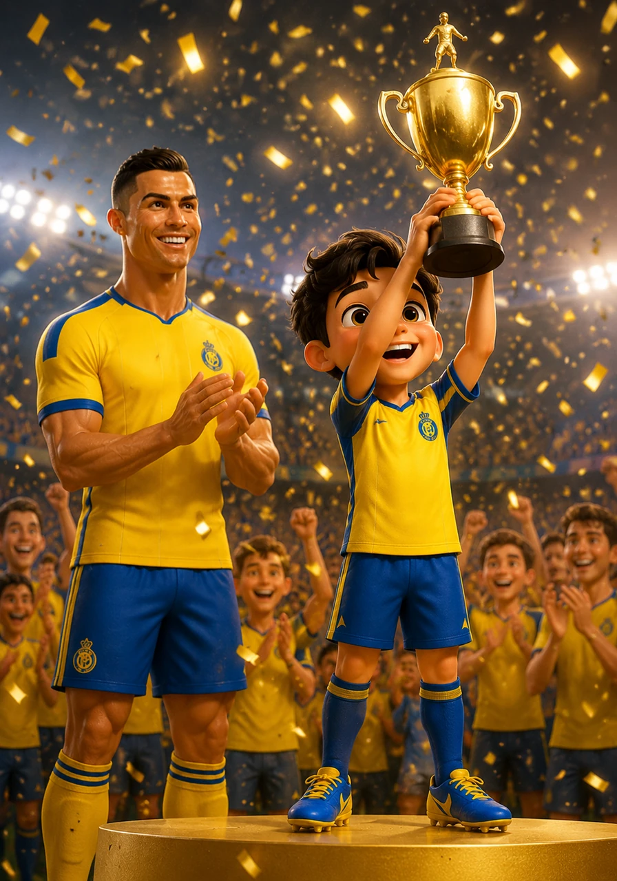 سلم رونالدو الكأس لريان وسط تصفيق حار، فرفع ريان الكأس عالياً نحو السماء بينما تتساقط القصاصات الذهبية حوله كالمطر. في تلك اللحظة، أدرك ريان أن الأحلام الكبيرة تبدأ دائماً بخطوة صغيرة وإيمان لا يتزعزع يسكن القلب.