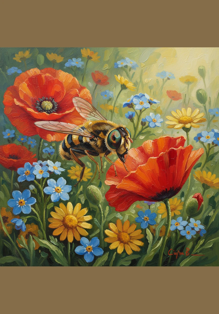 Lila, una pequeña mosca de las flores de la familia Syrphidae, revolotea alegremente entre las flores de su jardín. Aunque tiene rayas amarillas y negras que la hacen parecer una abeja, Lila es una mosca especial con grandes ojos que ama visitar cada pétalo bajo el sol brillante.