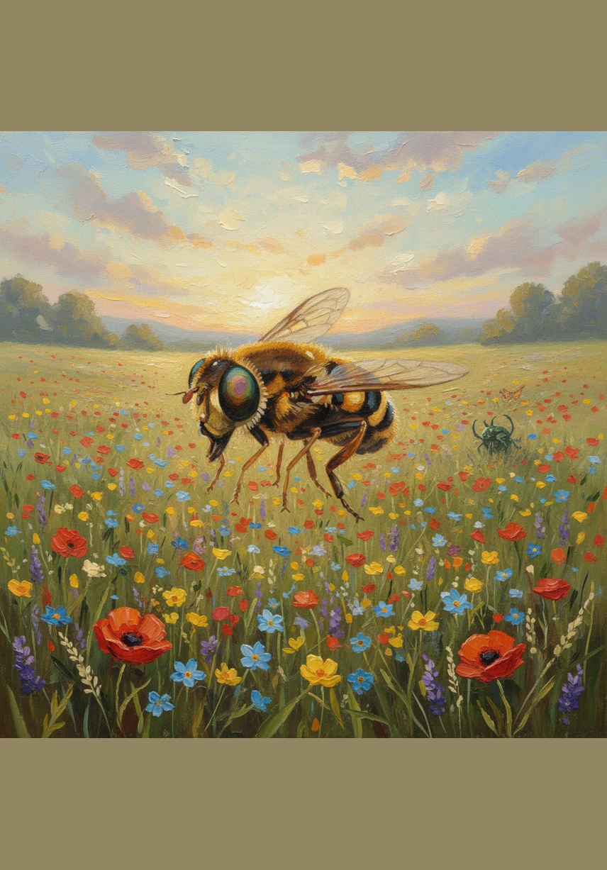 Lila sale volando del jardín y atraviesa un prado inmenso lleno de colores, buscando a otros seres que puedan ayudar a las flores. Sus pequeñas alas baten con fuerza mientras observa con esperanza el horizonte en busca de nuevos amigos polinizadores.