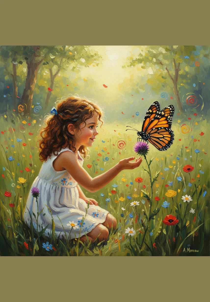 En medio del prado, Lila se encuentra con Mimo, una majestuosa mariposa monarca de alas naranjas y negras. Tras escuchar el problema del jardín, Mimo acepta unirse a la aventura con elegancia, lista para usar sus largas patas para transportar el polen.