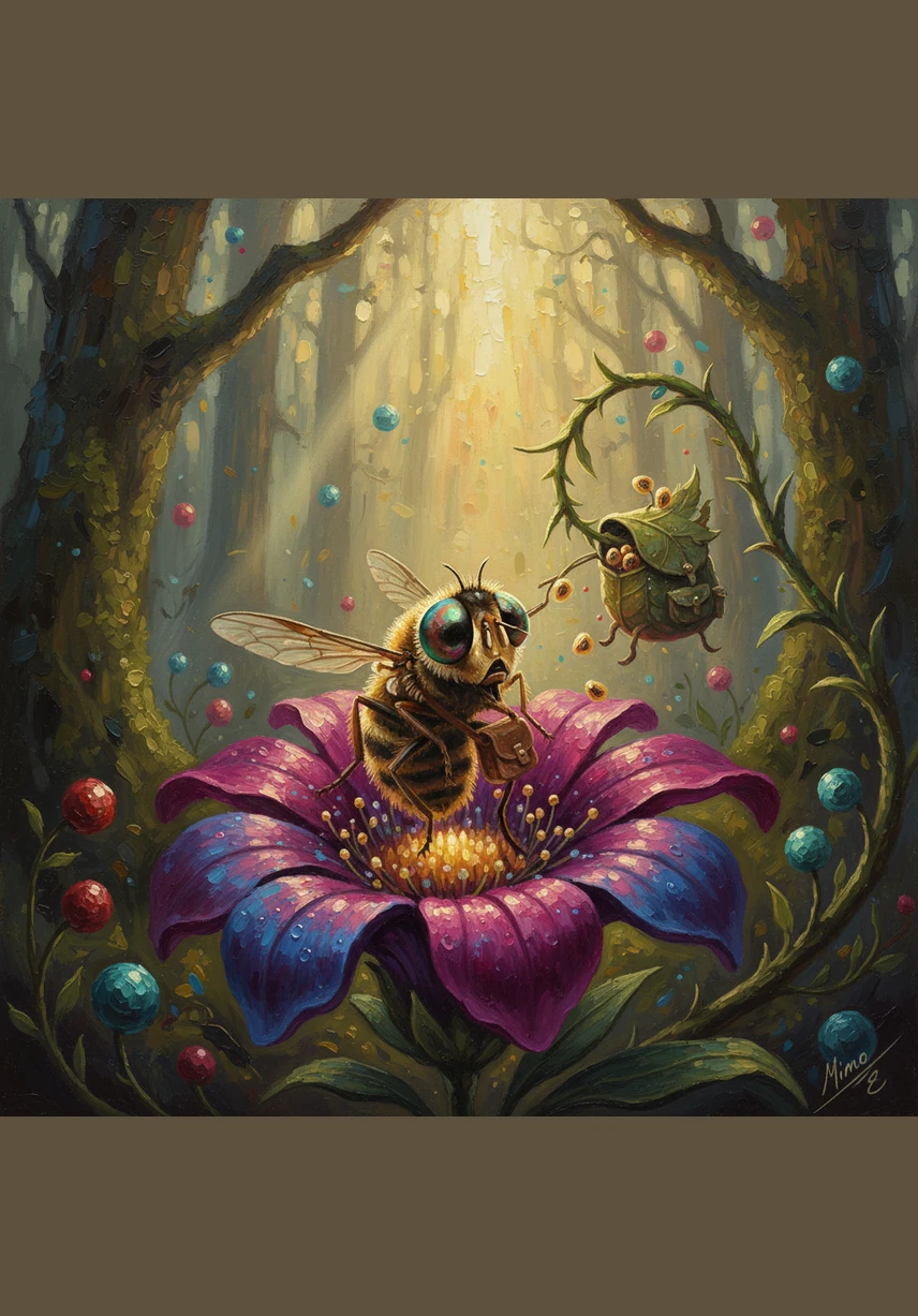 Mimo se posa en una flor para beber néctar y, al levantar el vuelo, muestra con orgullo cómo sus patas se han cubierto de un polvito amarillo. Ahora, la pequeña mosca y la gran mariposa vuelan juntas, decididas a llevar la vida de vuelta al hogar de Lila.