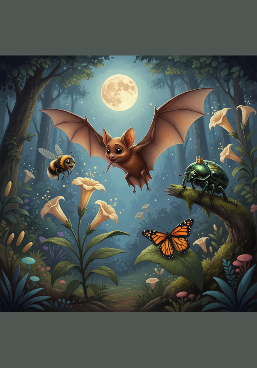 Cuando la luna aparece en el cielo, el grupo se encuentra con Nara, una simpática murciélago nectarívora que prefiere las flores nocturnas. Con la incorporación de Nara, el equipo de polinizadores está completo y listo para realizar el gran trabajo final.