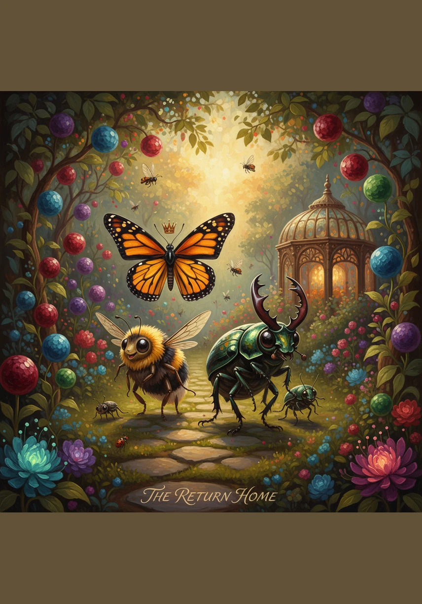 Los cuatro amigos regresan triunfantes al jardín, donde las flores los reciben con los pétalos abiertos y mucha esperanza. Lila guía a sus compañeros hacia las margaritas y la lavanda, que esperan ansiosas la llegada del polen viajero.