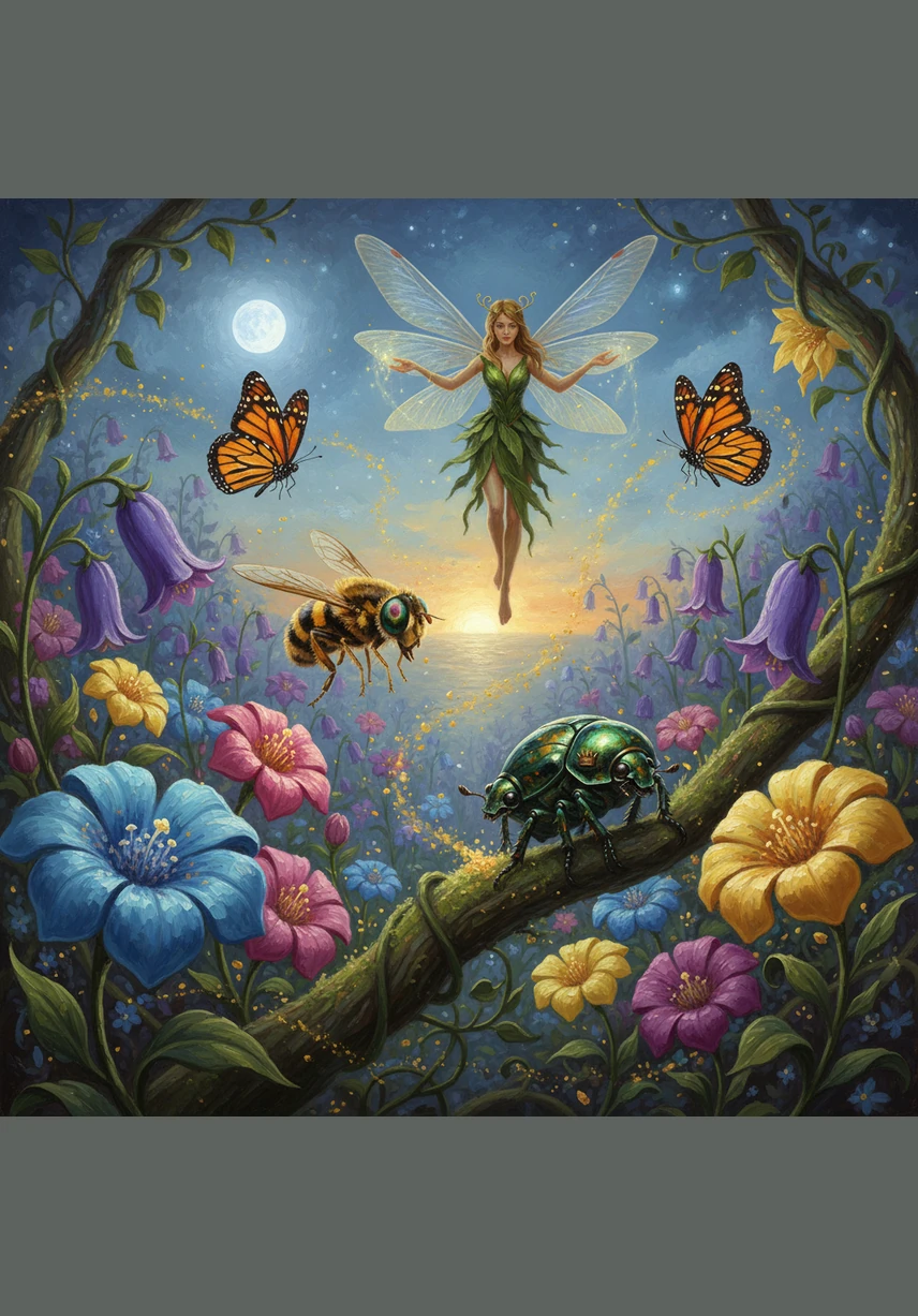 Mimo, Bruno y Nara visitan cada rincón del jardín, moviendo el polen de estambre a estigma mientras Lila coordina el gran esfuerzo colectivo. El aire se llena de movimiento y vida mientras la polinización ocurre en cada rincón bajo la luz del sol y la luna.