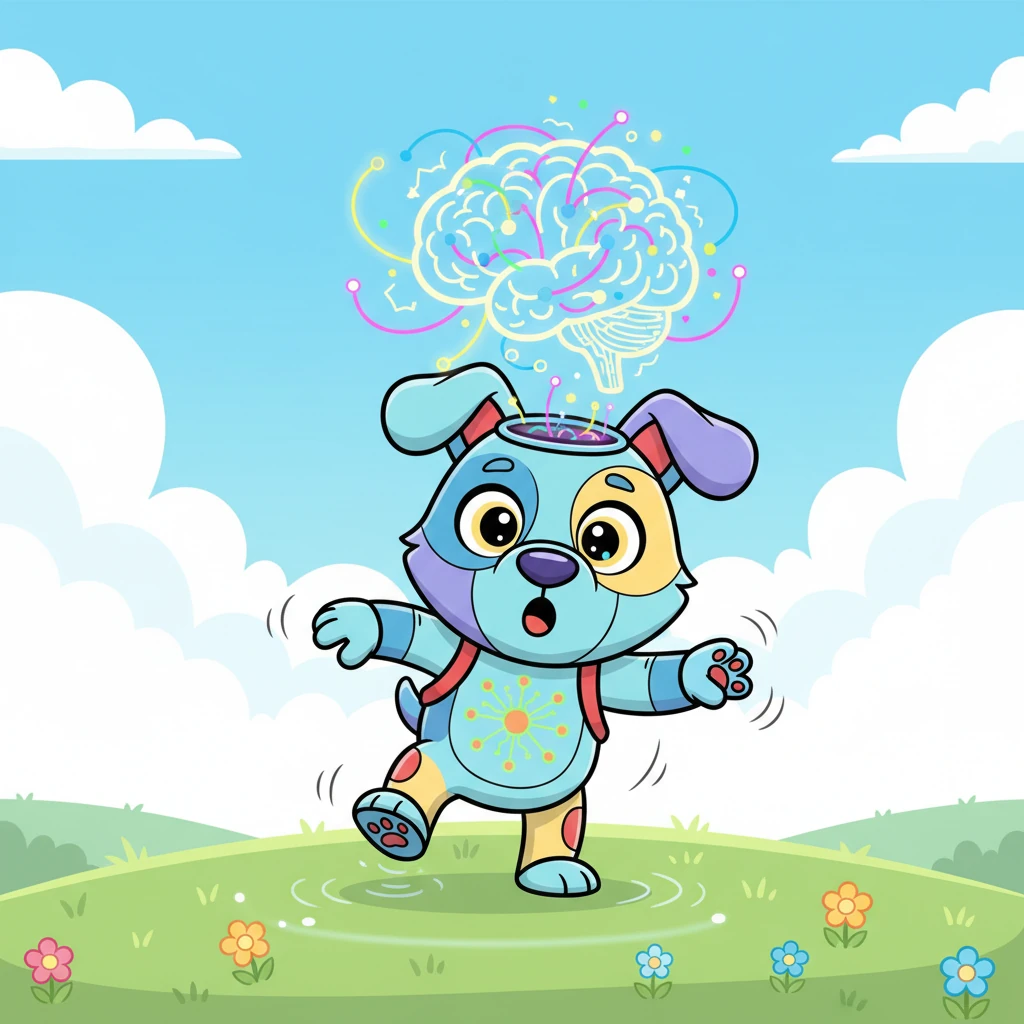 One day, after countless tumbles, Wiffle noticed something amazing. Each fall, though bouncy, taught him a tiny bit about balance. A vibrant, glowing network of colorful lines seemed to connect in his mind, growing brighter with every new try, helping him understand how his wobbly legs worked.