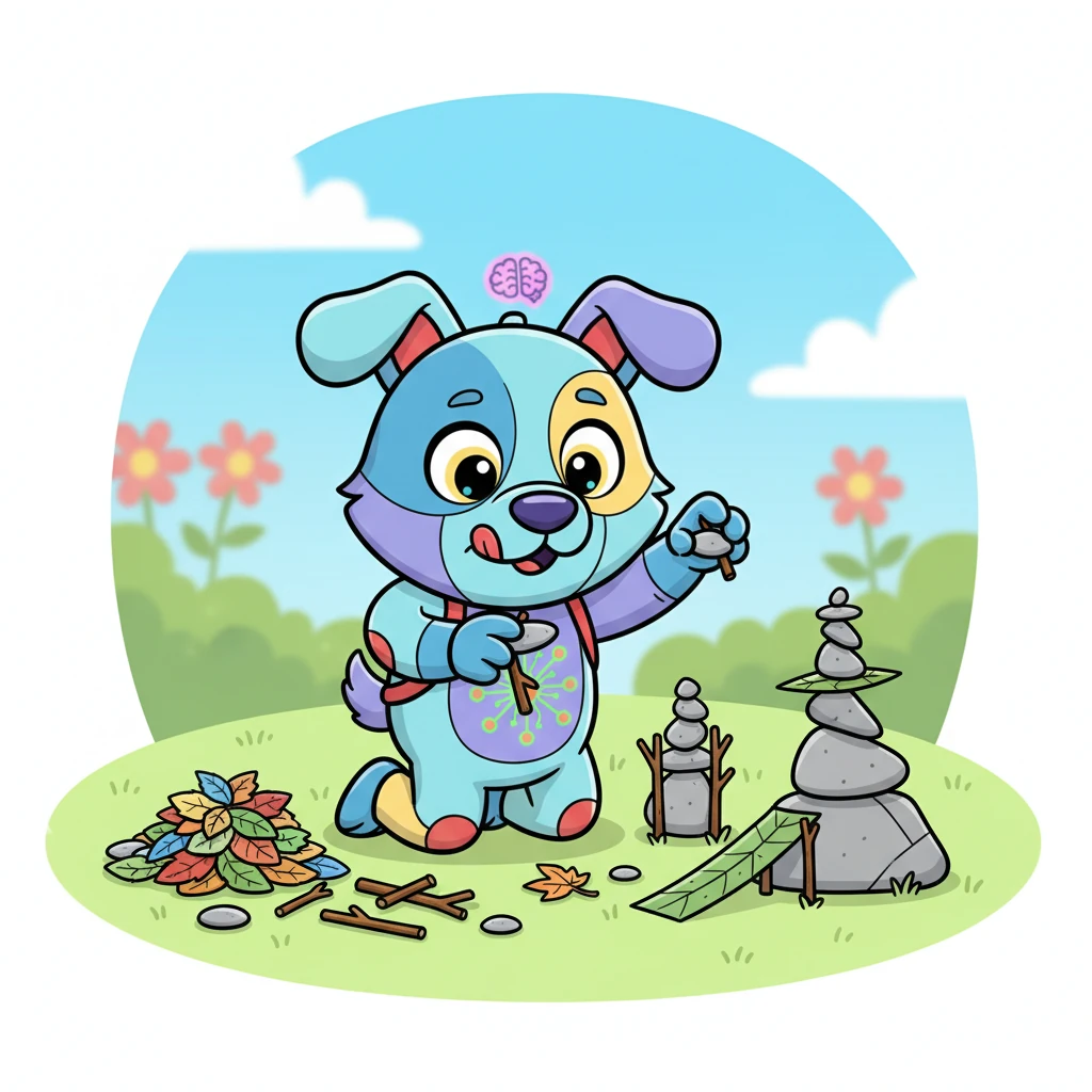Wiffle began to observe the world around him with intense focus. He picked up pebbles, twigs, and soft leaves, experimenting with how they fit together. Soon, he was stacking them into wobbly towers and building simple ramps, discovering the strength and possibilities of different materials.