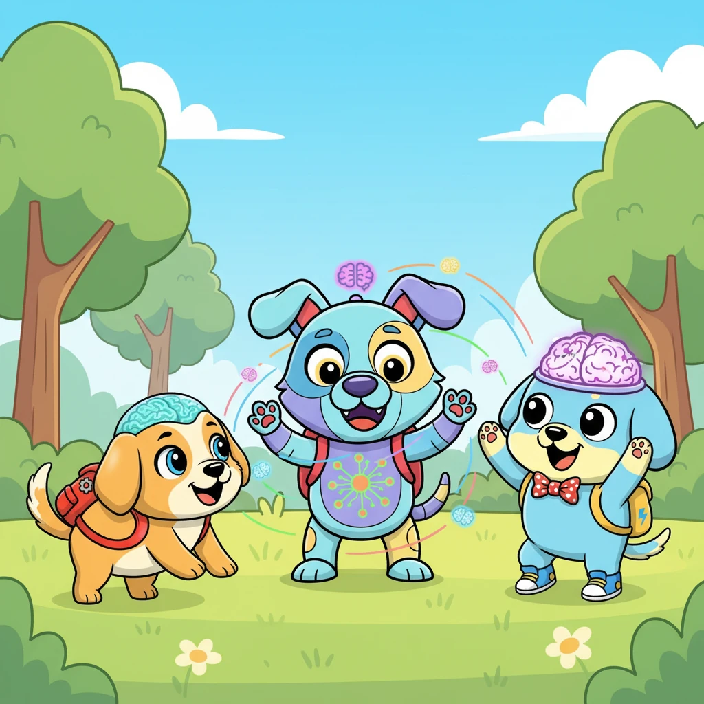 Wiffle wasn't alone in his discoveries. He started sharing his insights with other wobbly dogs, using barks, tail wags, and a unique set of playful gestures he invented. Soon, they developed a simple, expressive language, allowing them to communicate complex ideas and share their learning.