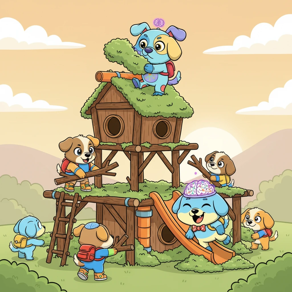 Together, the wobbly dogs embarked on their grandest project: building a multi-level structure! They assigned roles, some gathering soft moss, others arranging sturdy twigs. They even figured out how to use roof pipes as clever chutes for non-winged dogs, creating an ingenious system of movement and specialized rooms.