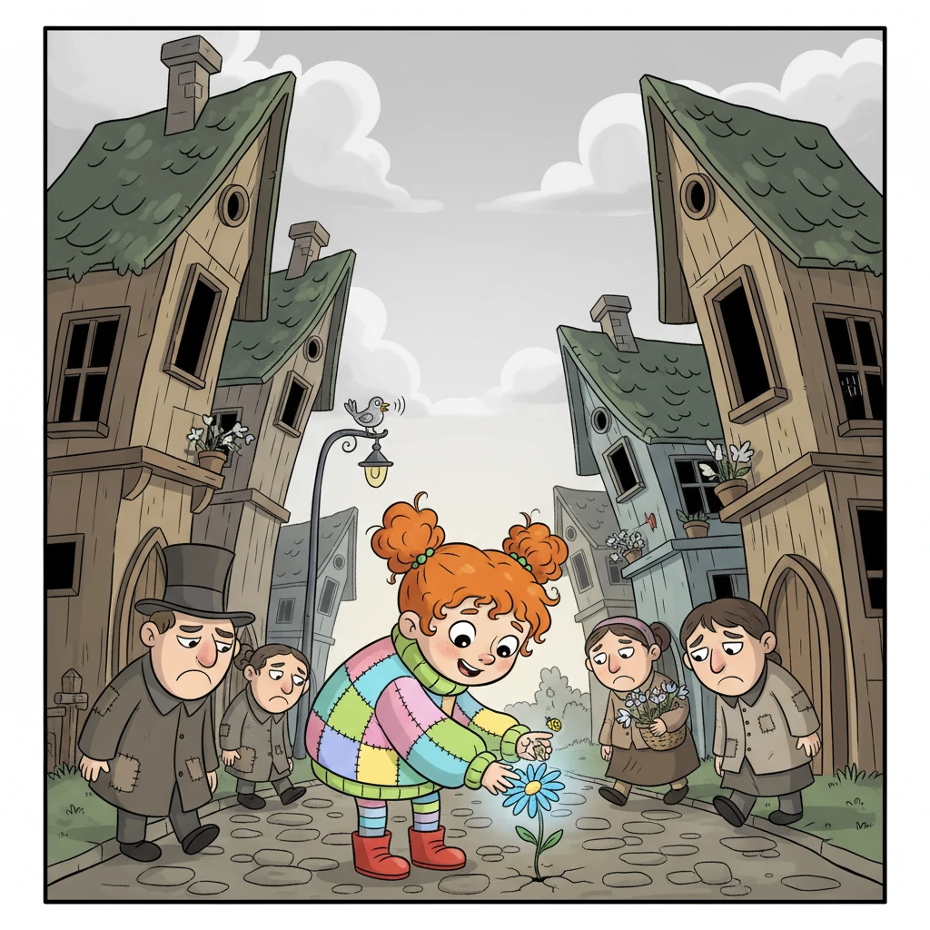 The village of Gloomville was a very quiet place, where houses leaned tiredly and colors seemed to have forgotten how to shine. People walked with droopy shoulders and never, ever smiled, their faces set in permanent frowns. Even the birds sang in a whisper, as if afraid to disturb the silence.