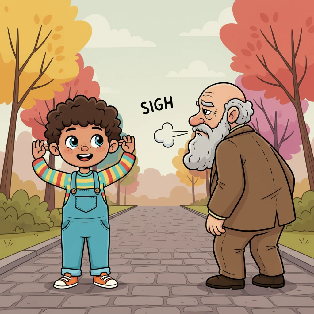 But then there was Pip, a small child with eyes like shiny buttons and a heart full of sunshine. Pip tried to make a grumpy old man laugh by wiggling their ears, but the man only sighed and shuffled away. Pip felt a tiny bit sad, but not for long.