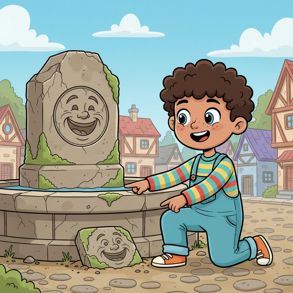 Wandering through the village square, Pip spotted a crumbling stone fountain with a faded carving of a laughing face. Beneath it, a half-buried plaque hinted at "The Festival of Giggles," a forgotten celebration. Pip's curiosity sparked like a firefly.