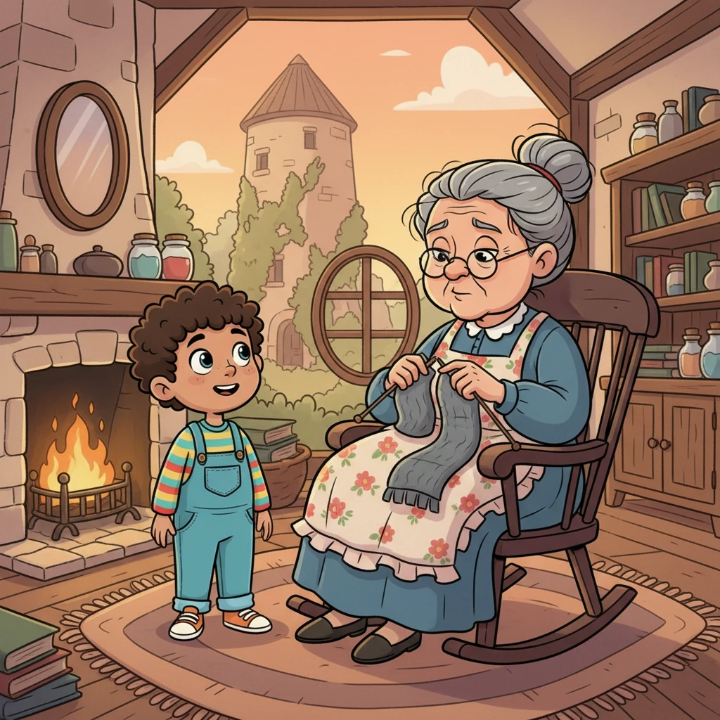 Granny Grumble sat in her rocking chair, knitting a grey scarf. When Pip asked about the festival, she squinted, then mumbled about a "Giggle-Berry Bush" that used to grow near the old mill. Its berries, she said, made everyone burst into happy laughter, but it had vanished long ago.