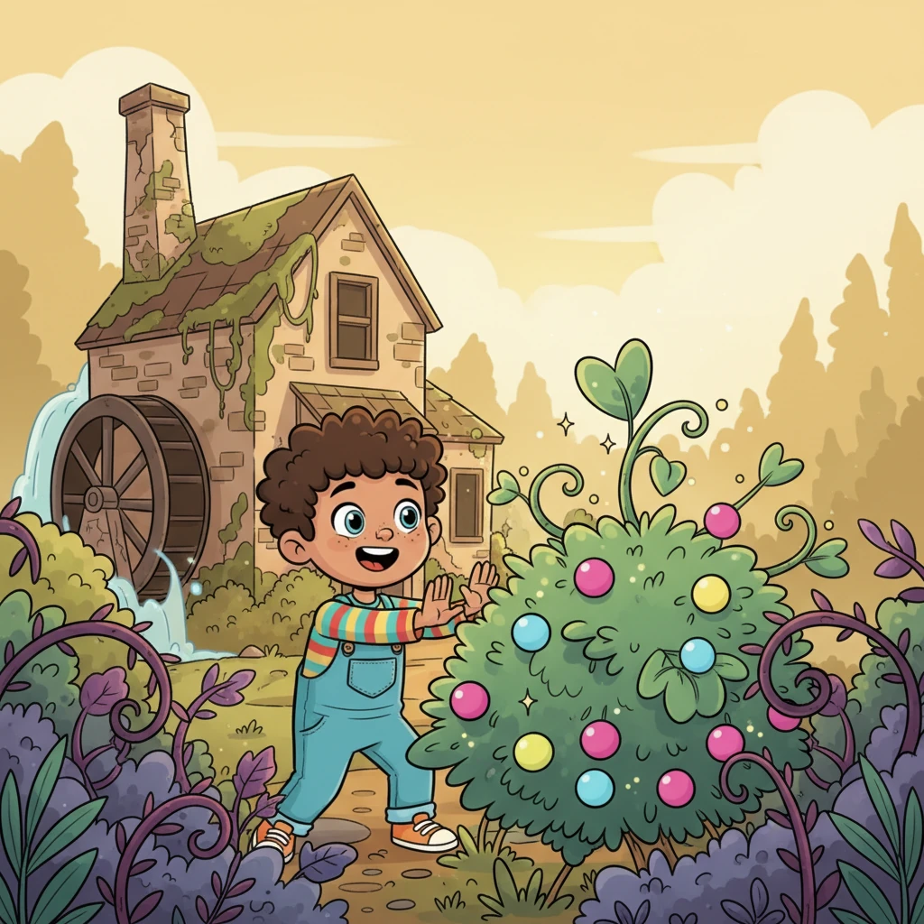 Pip's eyes lit up! A Giggle-Berry Bush! With renewed hope, Pip ventured towards the abandoned mill, a place no one visited anymore. The path was overgrown with thorny weeds, but Pip bravely pushed through, searching for any sign of the legendary plant.