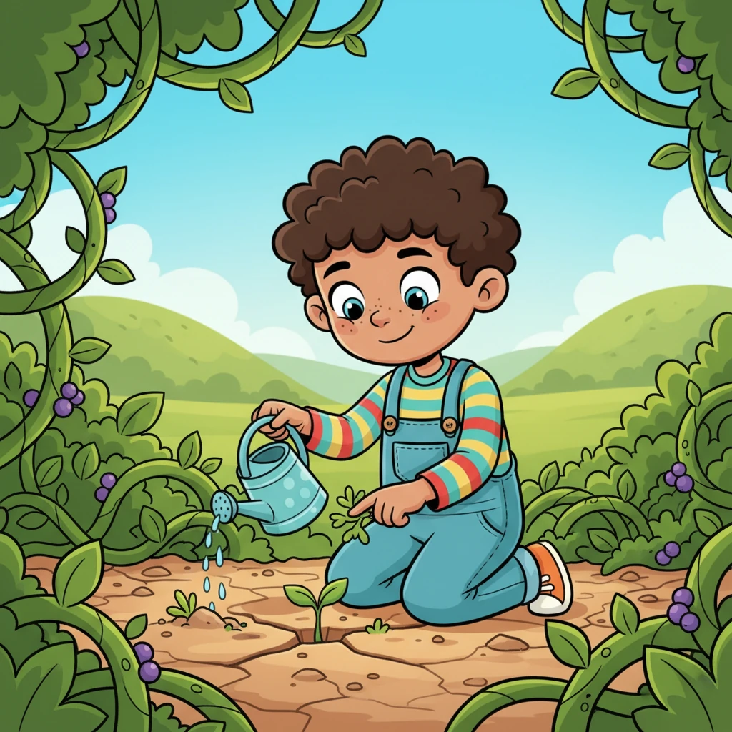 Hidden behind a tangle of vines, Pip discovered a tiny, fragile sprout pushing its way through the cracked earth. It looked nothing like a bush yet, but Pip knew in their heart this was it! Carefully, Pip cleared the weeds and watered the little plant with gentle care.