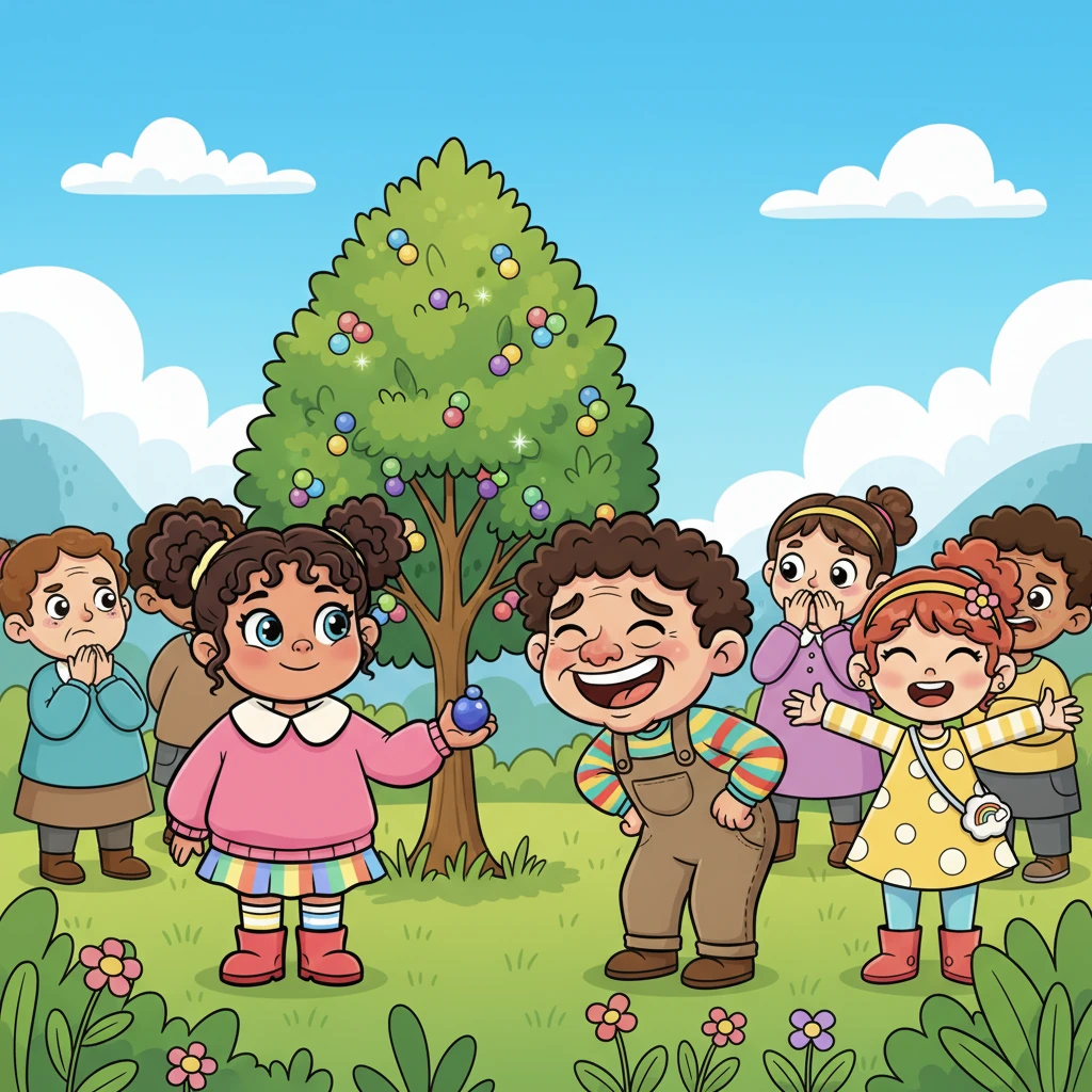 Pip invited all the villagers to the now-thriving Giggle-Berry Bush. Hesitantly, they approached, their frowns still firmly in place. Pip offered a berry to the grumpiest villager, who, after a moment of doubt, popped it into their mouth. A wide grin stretched across their face, followed by a joyous belly laugh!
