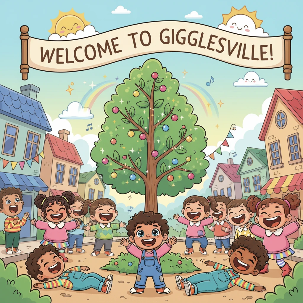 Soon, the entire village was filled with the sound of laughter, a symphony of giggles, chuckles, and roars of delight. Gloomville was no more; it was now Gigglesville, bursting with color and the happiest faces anyone had ever seen, all thanks to Pip and the magical Giggle-Berry Bush.