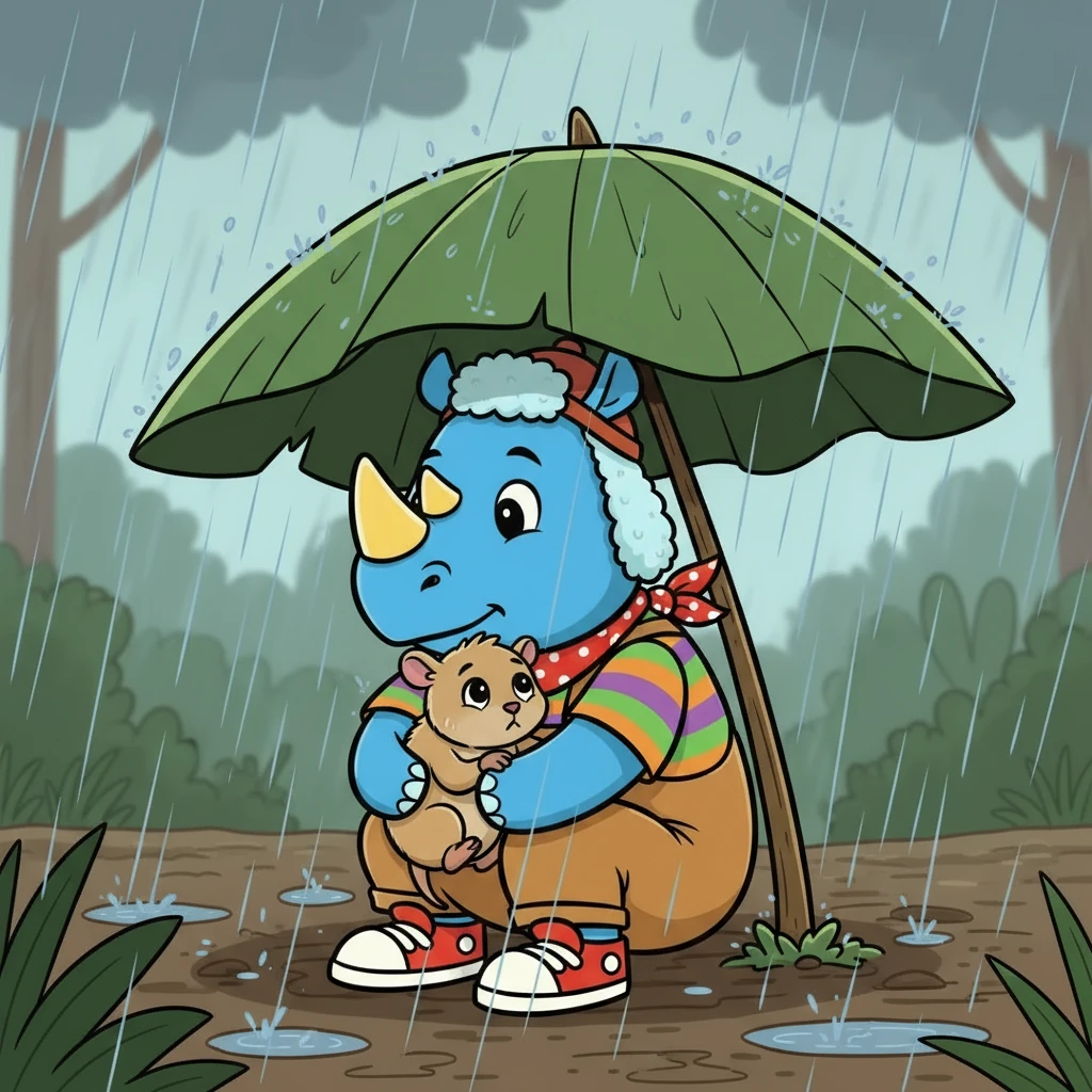 Finalmente, Didinho encontrou Babá, encolhida sob uma folha grande. Com cuidado, ele protegeu Babá da chuva, usando seu corpo como abrigo. Juntos, esperaram a tempestade passar, abraçados pela amizade.