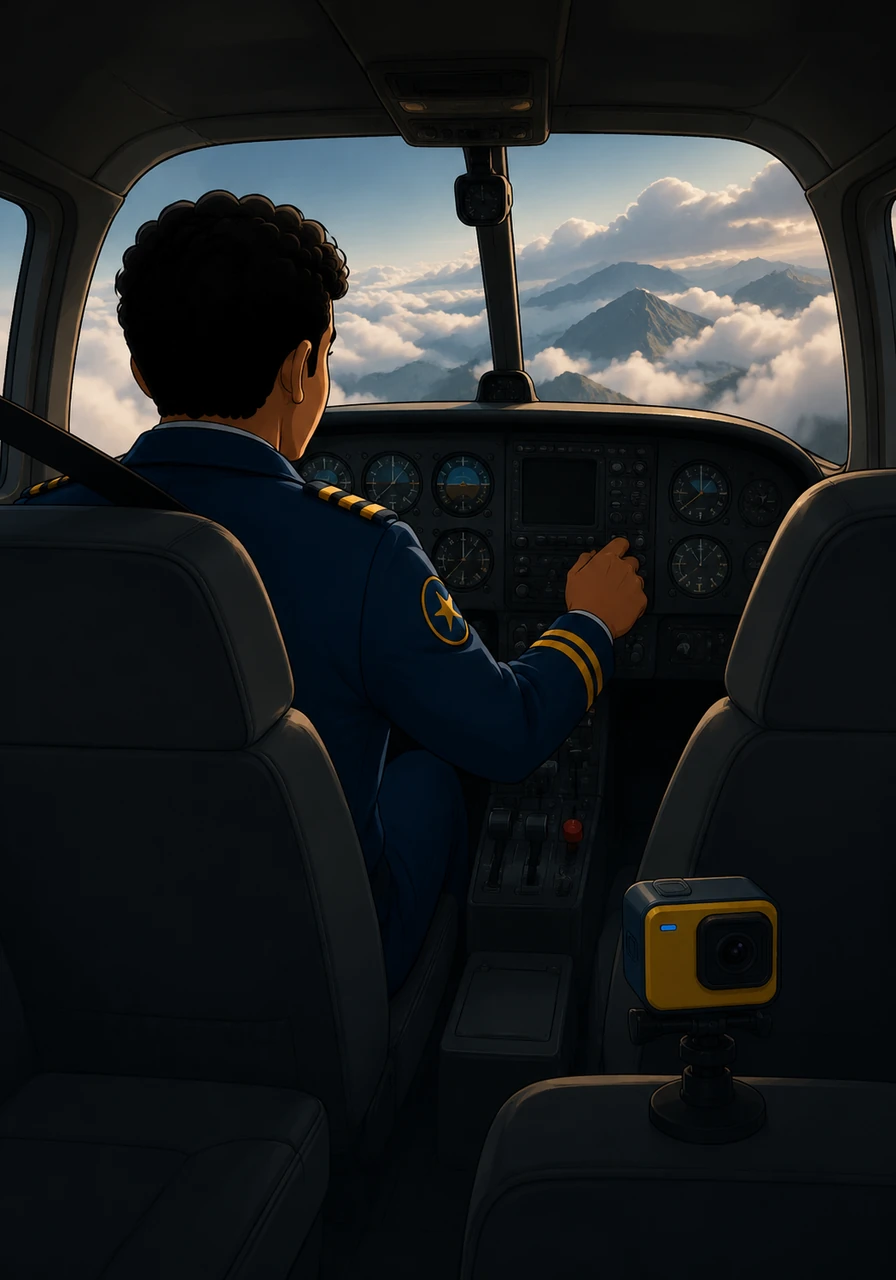 Inside the dimly lit back seat, the camera view focuses forward. The pilot’s muffled voice crackles: 'Okay, checklist complete. Cabin secure. Approaching altitude. Looking at 10,000 feet.' We see the pilot's back and arm movements as they make final adjustments.