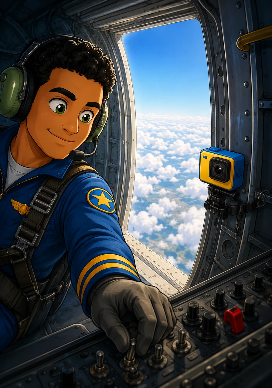The camera shifts slightly, capturing the bright light spilling in from the open side door of the aircraft. 'Altimeter check... 12,000 feet. Almost time for release.' The pilot’s gloved hand reaches for controls, still partially visible in the narrow frame.