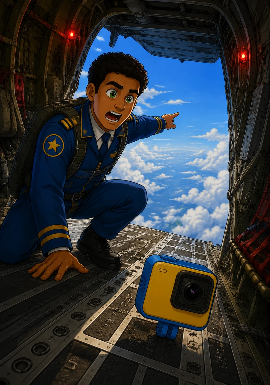The camera is now static on the rear seat as the plane's engines roar. The pilot's voice is slightly distorted but clearly audible over the intense air rushing: 'Ramp is down! Five seconds to drop. 14,000 feet!'