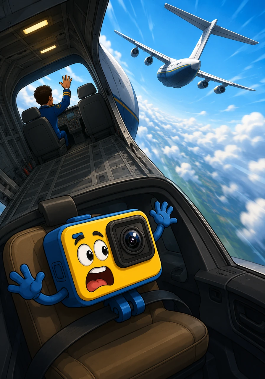 Suddenly, with a great lurch and the muffled roar of wind, the car tilts back and slides out of the plane. The POV shows a brief glimpse of the pilot from the back, waving or watching the departure before the aircraft and pilot disappear completely.
