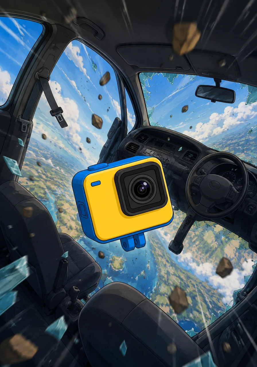 The car falls straight, tumbling slowly. The view out the windows is a disorienting mix of bright sky and spinning earth far below. The muffled voice continues: 'Release! You're free! Initial descent... altitude 13,500! Keep her steady, little camera.'