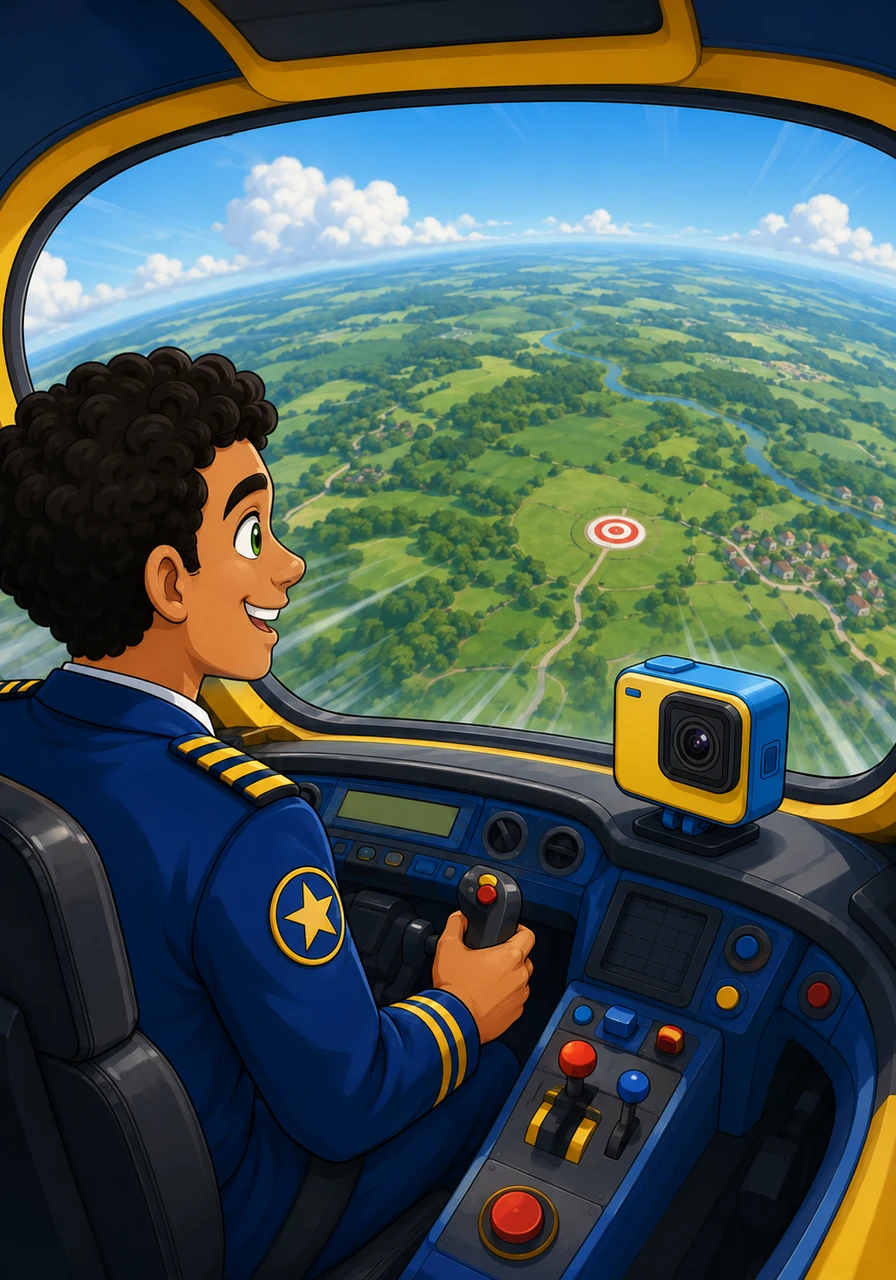 The car slows its erratic tumble and stabilizes, now gliding more smoothly toward the vast landscape. The Earth’s details, fields, roads, and a tiny landing target are becoming increasingly clear, rapidly expanding to fill the view through the front windshield.