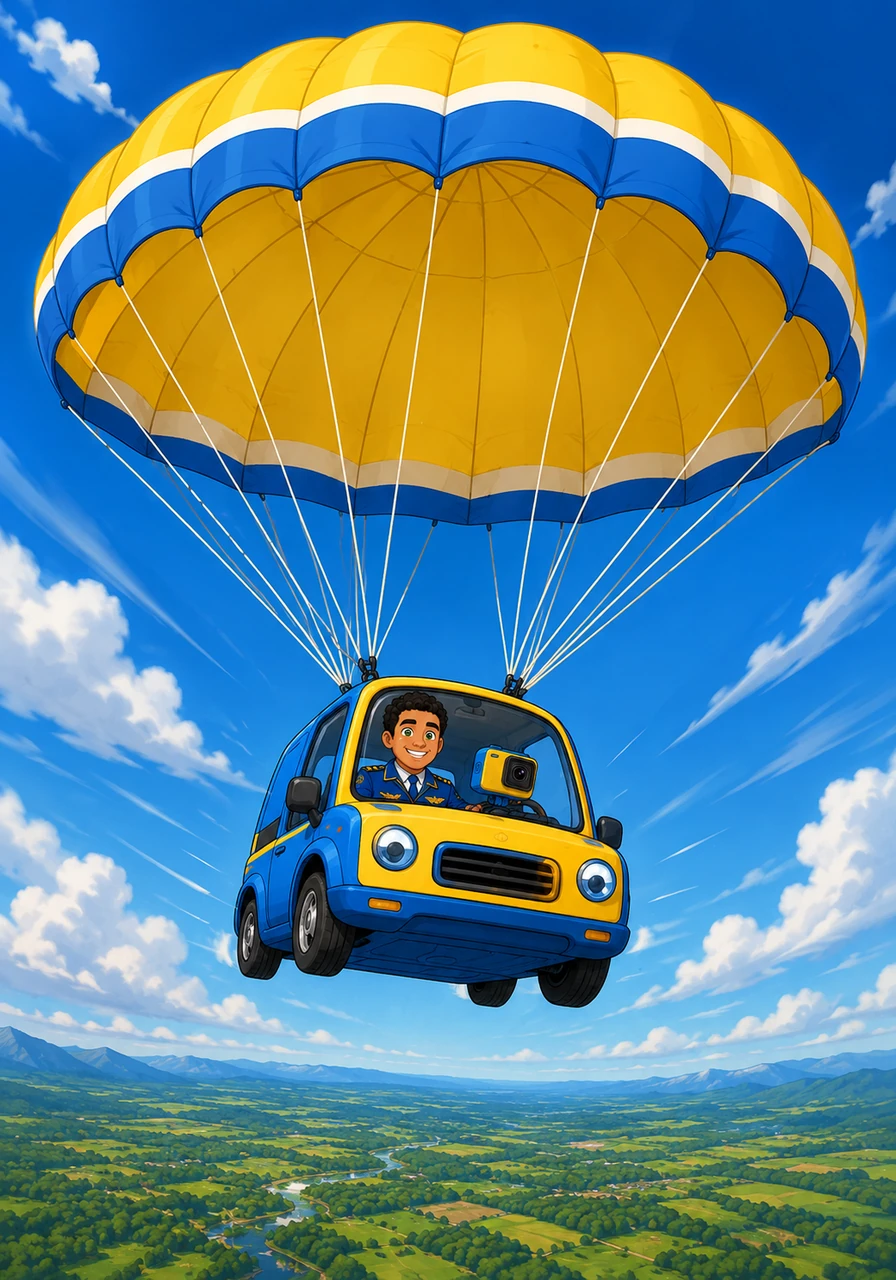 A sharp *WOOSH* sound erupts as the heavy-duty parachute deploys, yanking the entire car upwards momentarily before it begins a controlled, slow descent. Below, the ground approaches with reassuring steadiness.