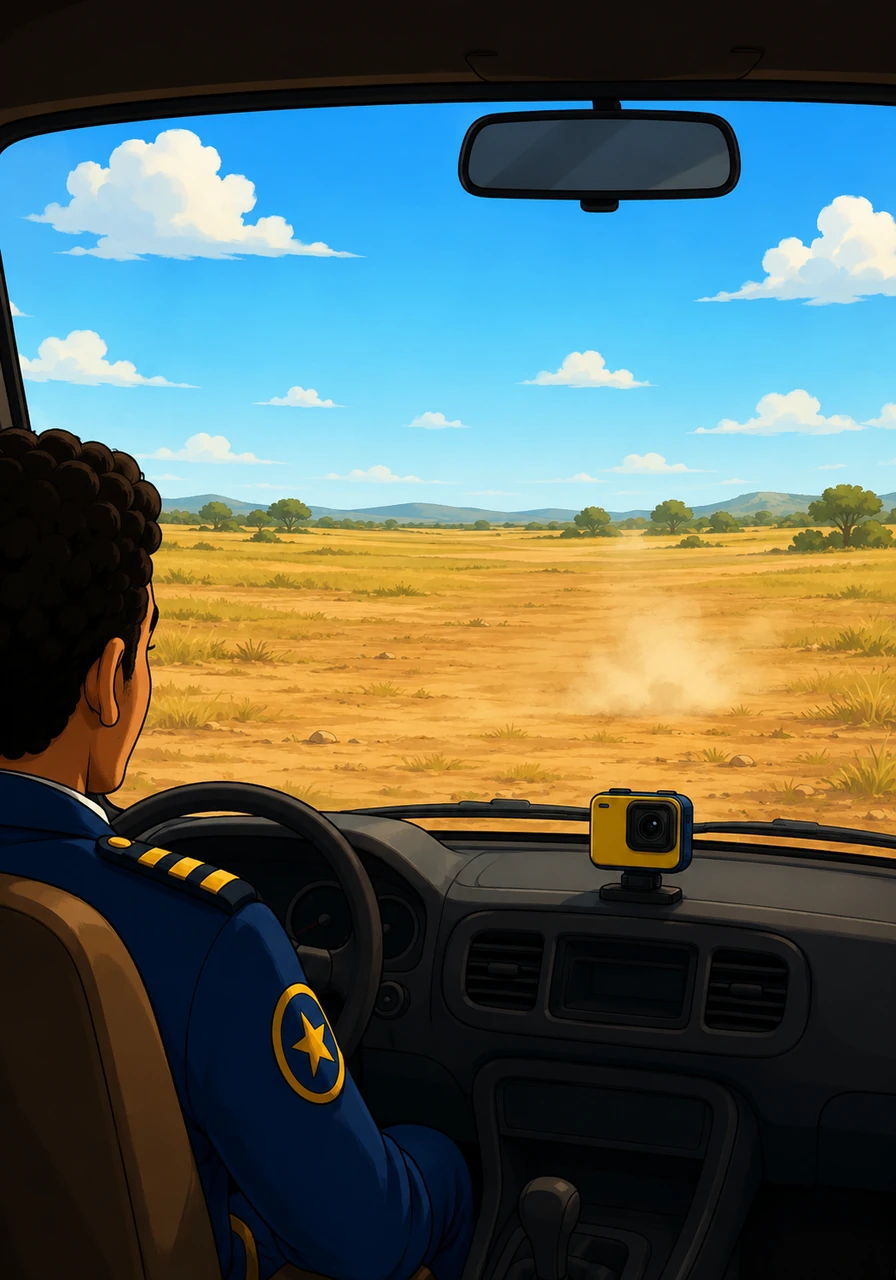 The camera perspective captures the final moments of impact, a dusty thump, as the car touches down in a wide field. The frame jars slightly, then settles, focused on the peaceful, sunlit ground and sky outside the dusty windshield, the adventure complete in perfect silence.