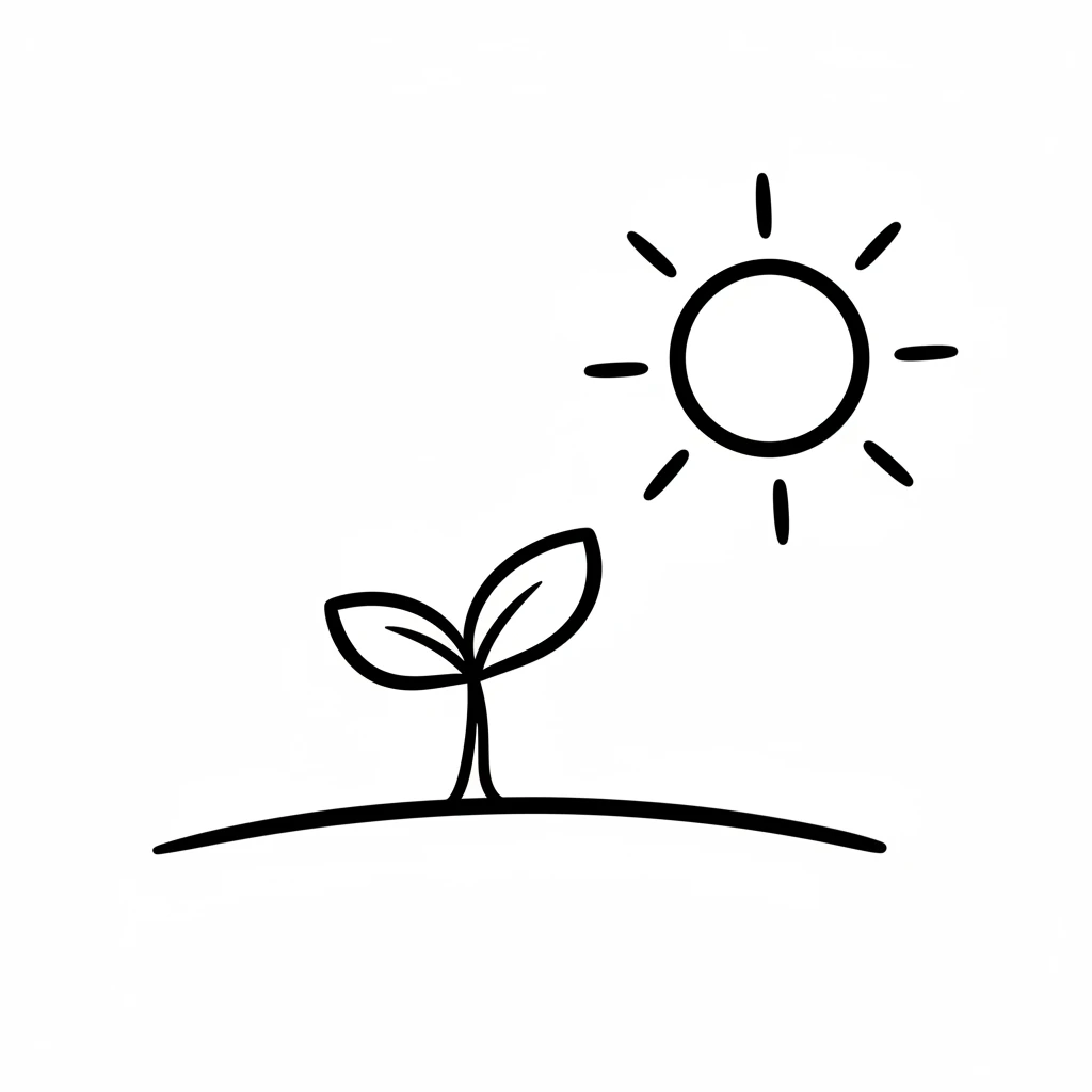 One day, a small green sprout pushed up, up, up! Petal felt the gentle sunlight for the very first time. She stretched her tiny stem towards the big, bright sun in the sky.
