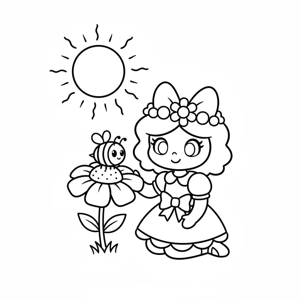 Petal shared her sweet nectar with the busy bee. The bee sipped happily, gathering the delicious treat. They were both very content under the warm, golden sun.